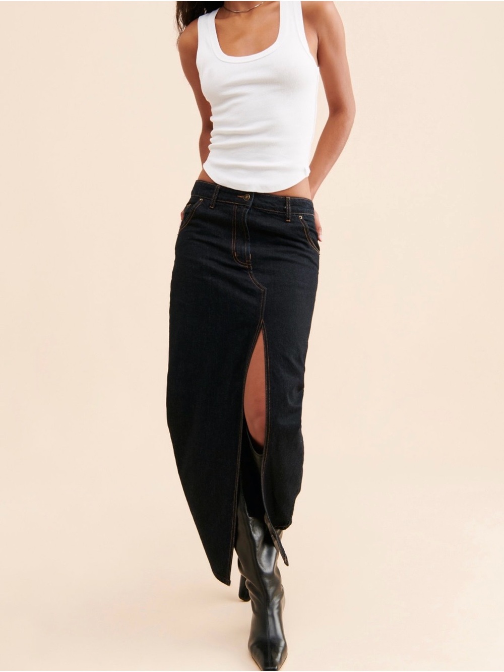 Lioness Denim Maxi Skirt with Front Slit